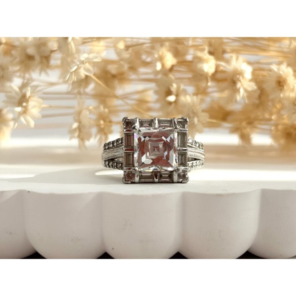 SOLD - Princess Cut Sterling Silver Gemstone Split Shank CZ Vintage Ring - 7.25 - Picture 8 of 10
